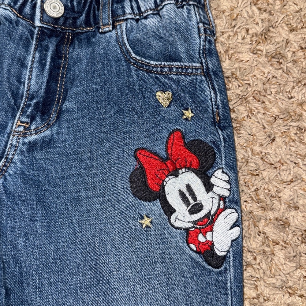 Size 5 girls Disney x Baby Gap fleece-lined jeans with Minnie Mouse embroidery. - Picture 2 of 6